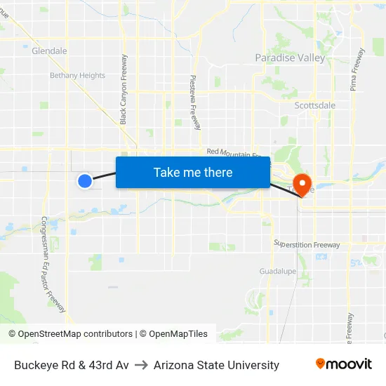 Buckeye Rd & 43rd Av to Arizona State University map