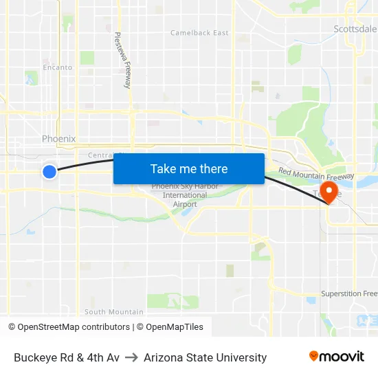 Buckeye Rd & 4th Av to Arizona State University map
