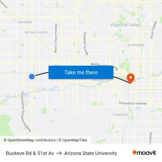 Buckeye Rd & 51st Av to Arizona State University map