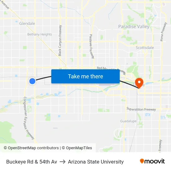Buckeye Rd & 54th Av to Arizona State University map