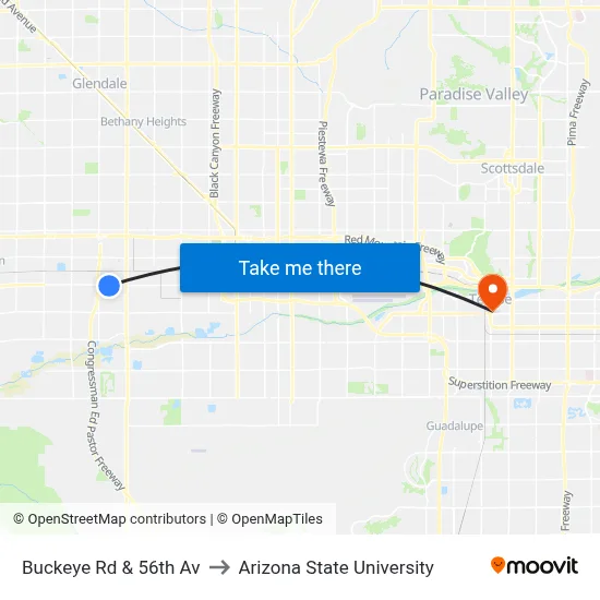 Buckeye Rd & 56th Av to Arizona State University map