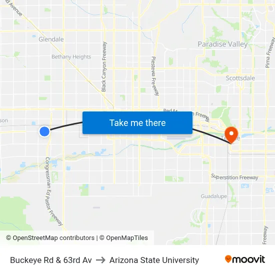 Buckeye Rd & 63rd Av to Arizona State University map