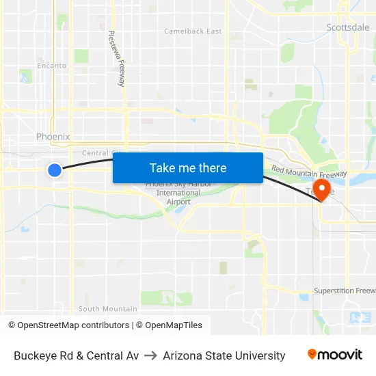 Buckeye Rd & Central Av to Arizona State University map