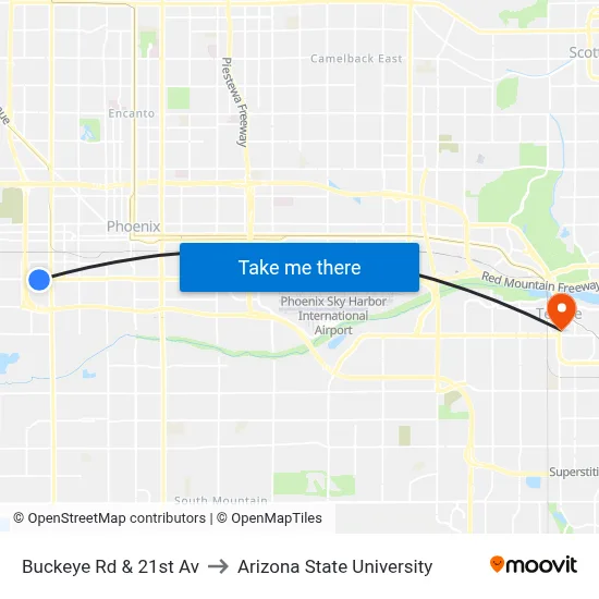 Buckeye Rd & 21st Av to Arizona State University map