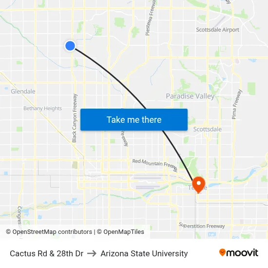 Cactus Rd & 28th Dr to Arizona State University map