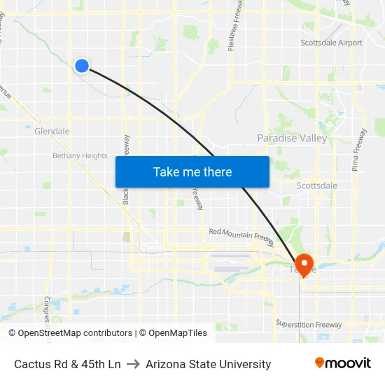 Cactus Rd & 45th Ln to Arizona State University map