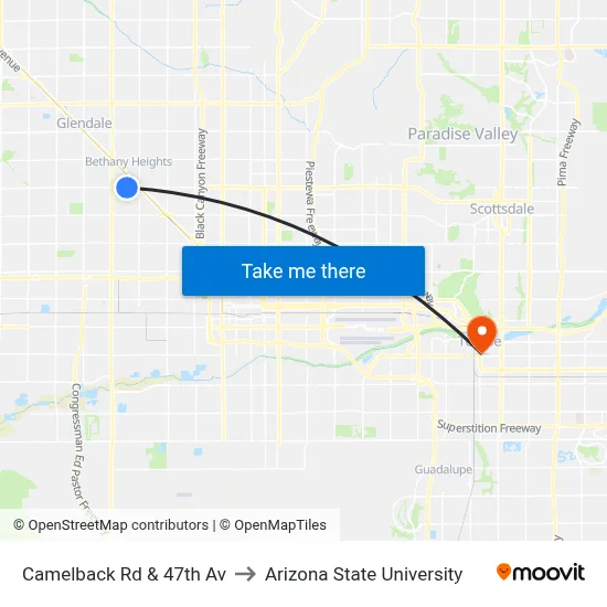 Camelback Rd & 47th Av to Arizona State University map