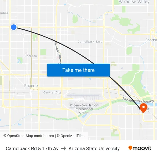 Camelback Rd & 17th Av to Arizona State University map