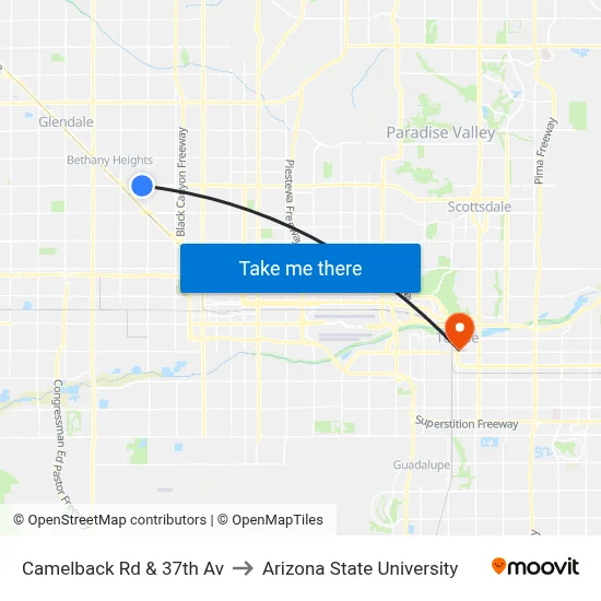 Camelback Rd & 37th Av to Arizona State University map