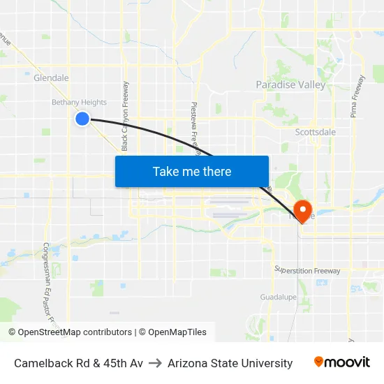 Camelback Rd & 45th Av to Arizona State University map