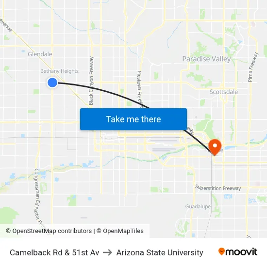 Camelback Rd & 51st Av to Arizona State University map