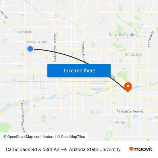 Camelback Rd & 53rd Av to Arizona State University map