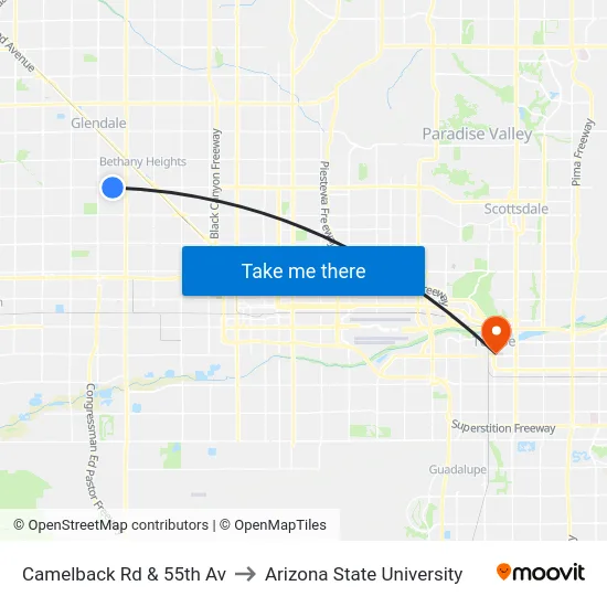 Camelback Rd & 55th Av to Arizona State University map