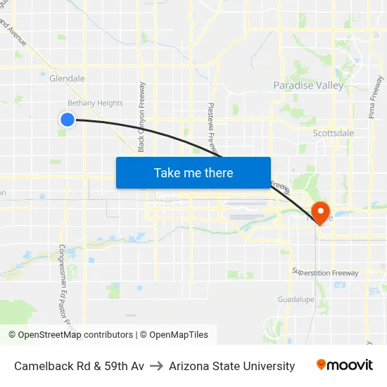 Camelback Rd & 59th Av to Arizona State University map