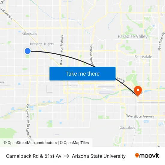 Camelback Rd & 61st Av to Arizona State University map