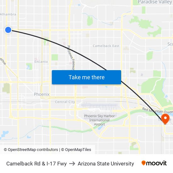 Camelback Rd & I-17 Fwy to Arizona State University map
