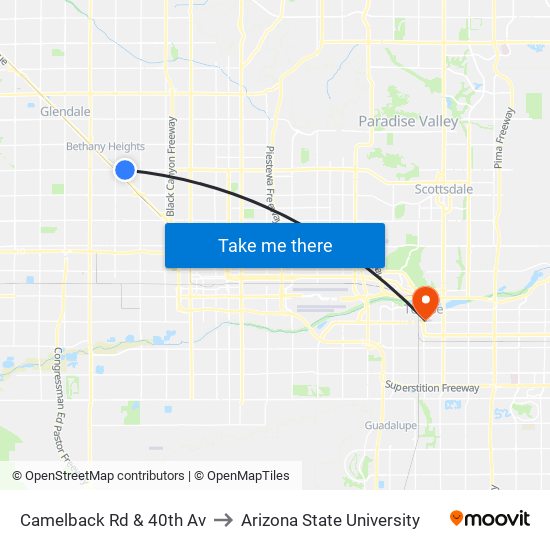 Camelback Rd & 40th Av to Arizona State University map