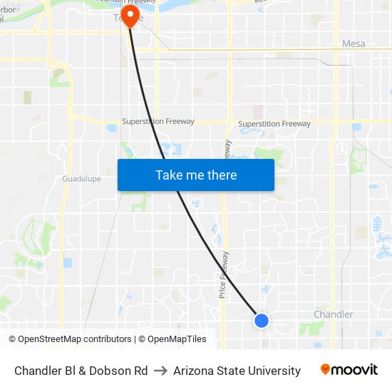 Chandler Bl & Dobson Rd to Arizona State University map