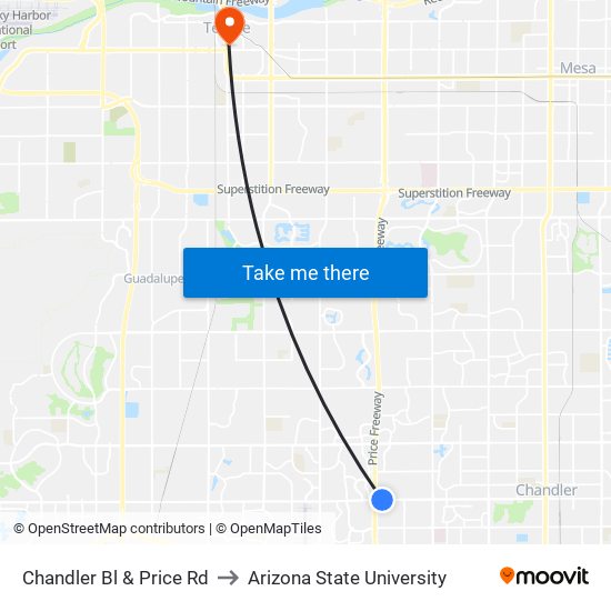 Chandler Bl & Price Rd to Arizona State University map