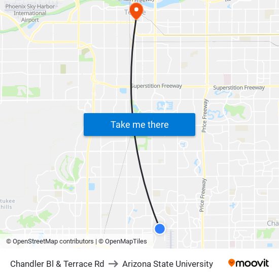 Chandler Bl & Terrace Rd to Arizona State University map
