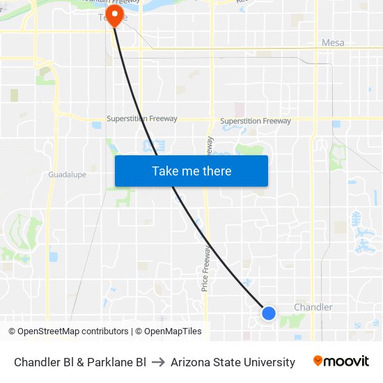 Chandler Bl & Parklane Bl to Arizona State University map