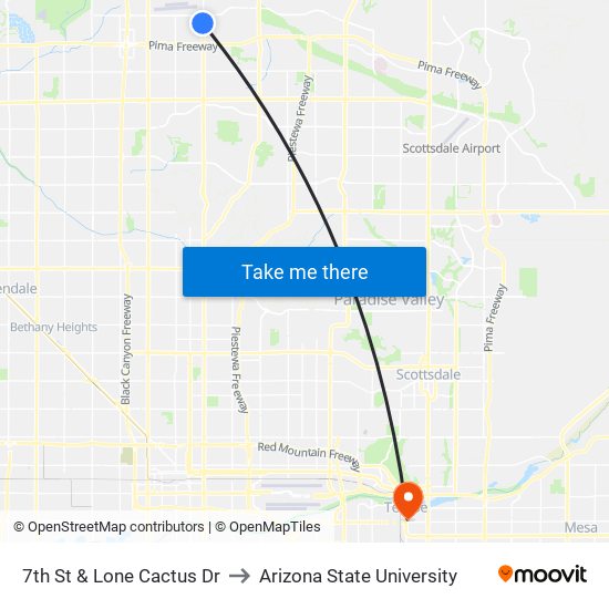 7th St & Lone Cactus Dr to Arizona State University map