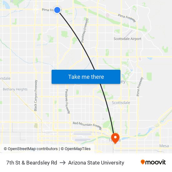 7th St & Beardsley Rd to Arizona State University map