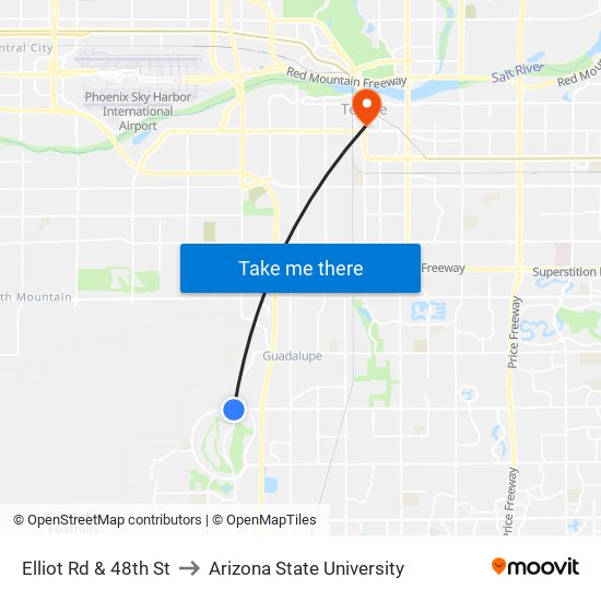 Elliot Rd & 48th St to Arizona State University map