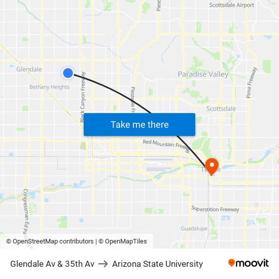 Glendale Av & 35th Av to Arizona State University map