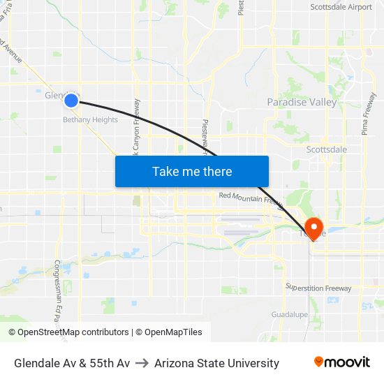 Glendale Av & 55th Av to Arizona State University map