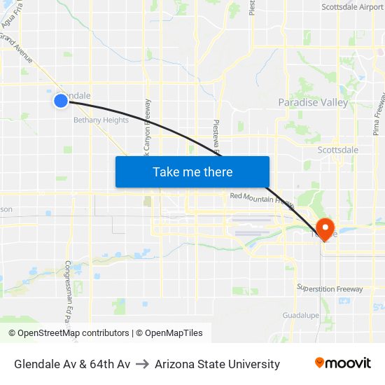 Glendale Av & 64th Av to Arizona State University map