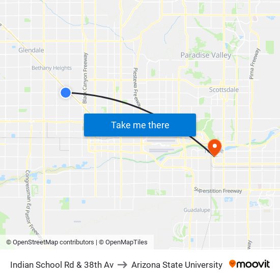 Indian School Rd & 38th Av to Arizona State University map