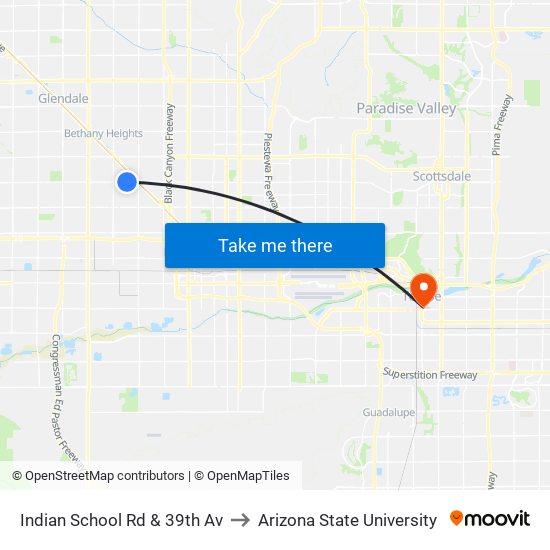 Indian School Rd & 39th Av to Arizona State University map