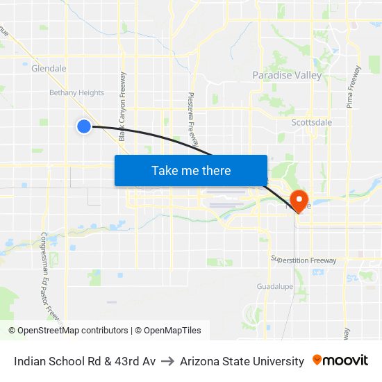 Indian School Rd & 43rd Av to Arizona State University map