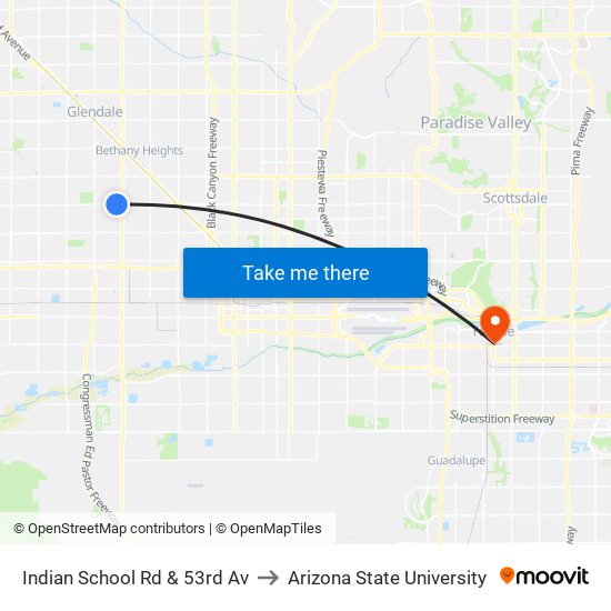 Indian School Rd & 53rd Av to Arizona State University map