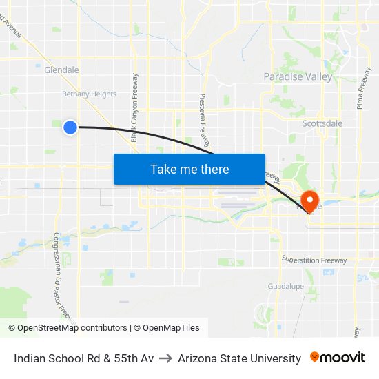 Indian School Rd & 55th Av to Arizona State University map