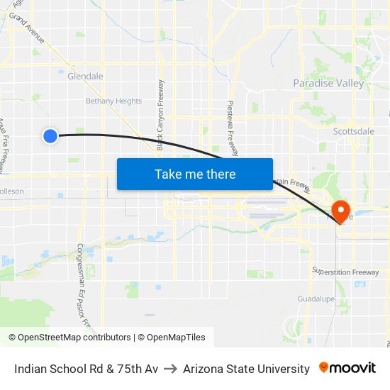 Indian School Rd & 75th Av to Arizona State University map