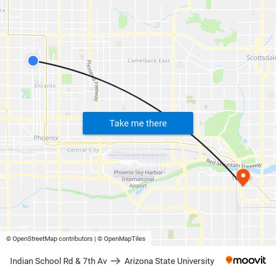 Indian School Rd & 7th Av to Arizona State University map