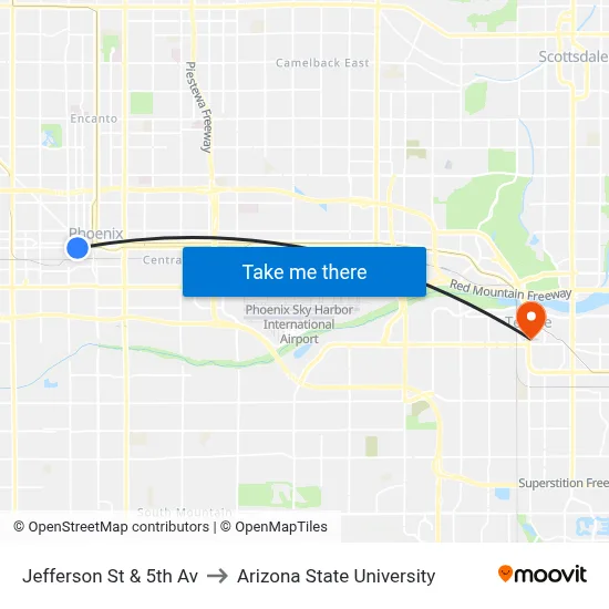 Jefferson St & 5th Av to Arizona State University map