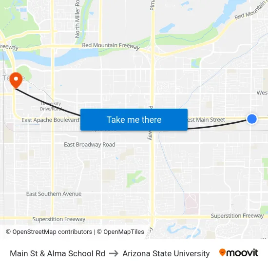 Main St & Alma School Rd to Arizona State University map