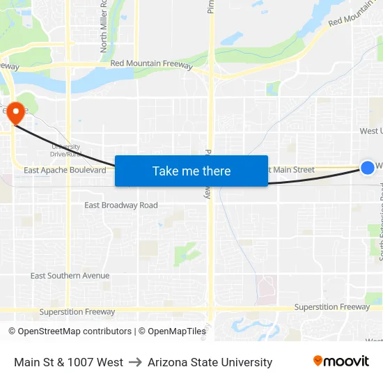 Main St & 1007 West to Arizona State University map