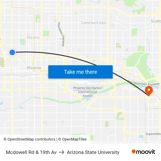 Mcdowell Rd & 19th Av to Arizona State University map