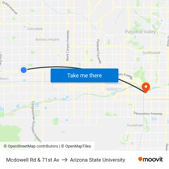 Mcdowell Rd & 71st Av to Arizona State University map