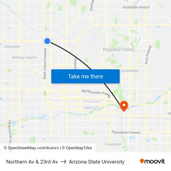 Northern Av & 23rd Av to Arizona State University map