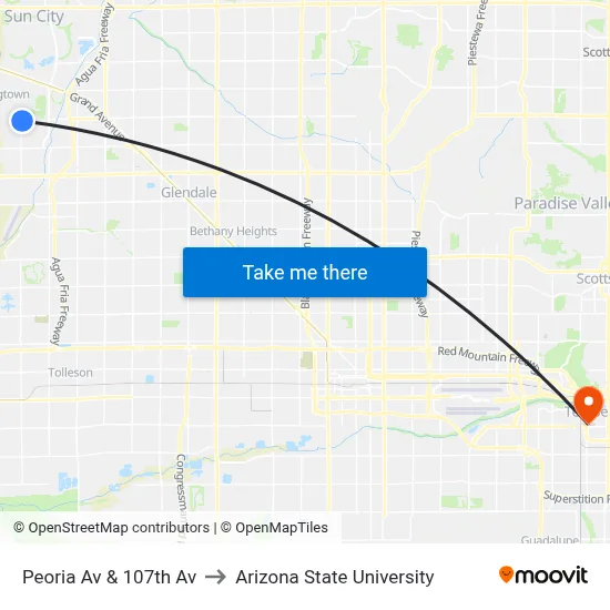 Peoria Av & 107th Av to Arizona State University map