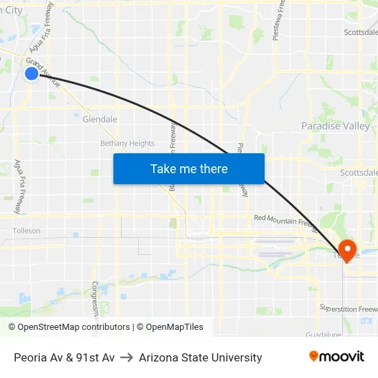 Peoria Av & 91st Av to Arizona State University map