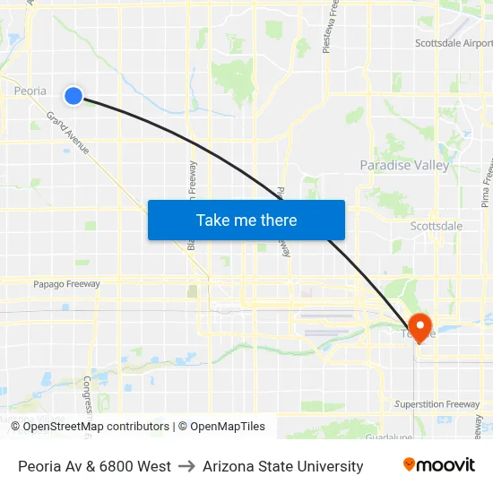 Peoria Av & 6800 West to Arizona State University map