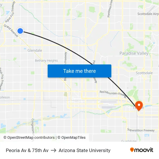 Peoria Av & 75th Av to Arizona State University map