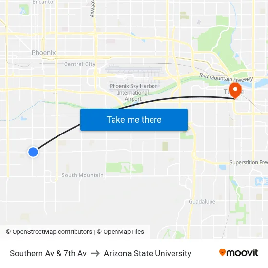Southern Av & 7th Av to Arizona State University map