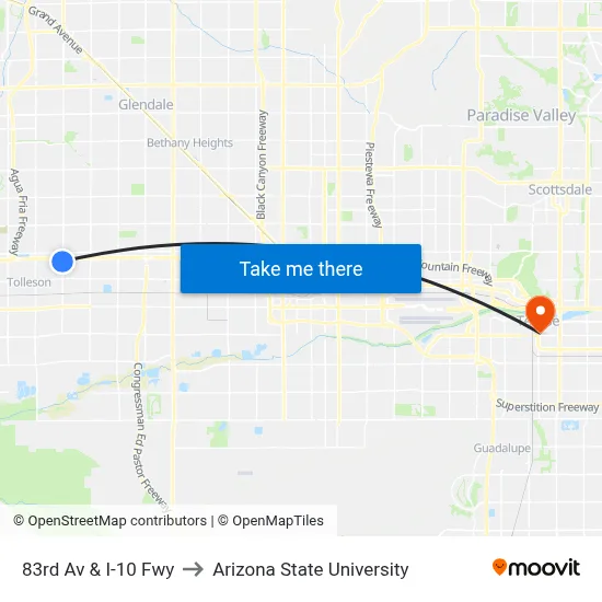 83rd Av & I-10 Fwy to Arizona State University map